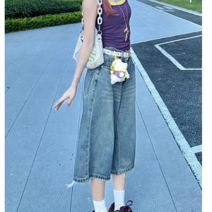 Retro Blue Wide-Leg Denim Shorts for Women - Summer Loose Fit Slimming Mid-Length Straight-Cut Fashionable Versatile Three-Quarter Pants