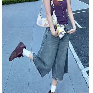 Retro Blue Wide-Leg Denim Shorts for Women - Summer Loose Fit Slimming Mid-Length Straight-Cut Fashionable Versatile Three-Quarter Pants