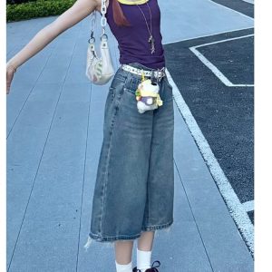 Retro Blue Wide-Leg Denim Shorts for Women - Summer Loose Fit Slimming Mid-Length Straight-Cut Fashionable Versatile Three-Quarter Pants