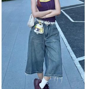 Retro Blue Wide-Leg Denim Shorts for Women - Summer Loose Fit Slimming Mid-Length Straight-Cut Fashionable Versatile Three-Quarter Pants