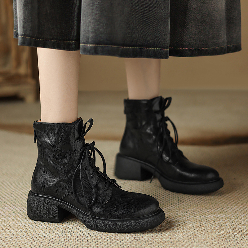 Retro British Style Thick-Soled Lace-Up Martin Boots for Women, Chunky-Heeled Sheepskin Short Boots, 2024 Autumn Fashion, Size 41