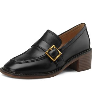 Retro British Style Women's Leather Loafers, Chunky Heel, Square Toe, Belt Buckle, Slip-On, Genuine Leather, Vintage Fashion
