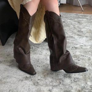 Retro Brown Studded Ankle Boots for Women - V-Shaped Chunky Heels, Slimming Western Cowboy Style, Autumn 2023 Fashion