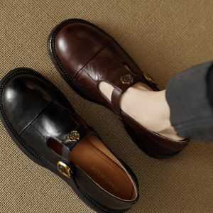 Retro Camellia Leather Mary Jane Shoes for Women - Thick-Soled, Medium Heel, Slip-On, Round Toe, College Style Flats