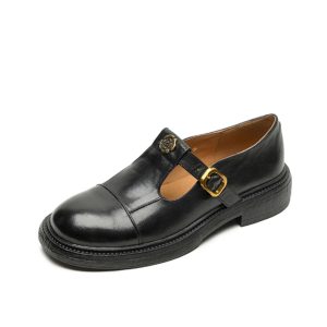 Retro Camellia Leather Mary Jane Shoes for Women - Thick-Soled, Medium Heel, Slip-On, Round Toe, College Style Flats