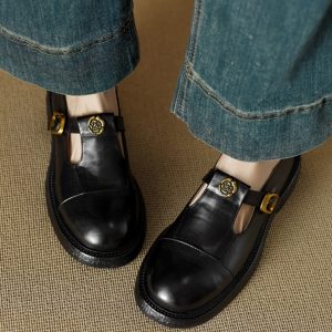 Retro Camellia Leather Mary Jane Shoes for Women - Thick-Soled, Medium Heel, Slip-On, Round Toe, College Style Flats