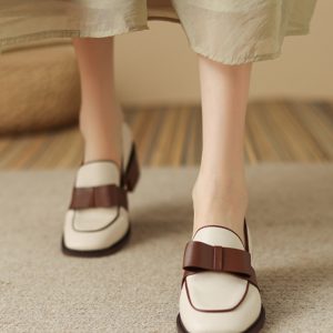 Retro Chunky Heel Slip-On Loafers for Women, Genuine Leather Square Toe Bowknot Flats, 2025 British Style Fashion Shoes