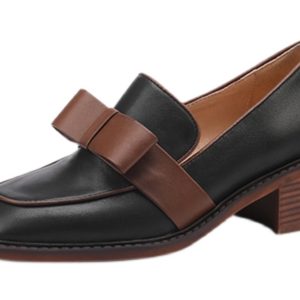 Retro Chunky Heel Slip-On Loafers for Women, Genuine Leather Square Toe Bowknot Flats, 2025 British Style Fashion Shoes