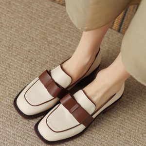 Retro Chunky Heel Slip-On Loafers for Women, Genuine Leather Square Toe Bowknot Flats, 2025 British Style Fashion Shoes