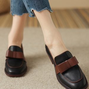 Retro Chunky Heel Slip-On Loafers for Women, Genuine Leather Square Toe Bowknot Flats, 2025 British Style Fashion Shoes