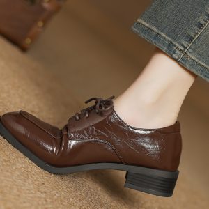 Retro Chunky-Heeled Round-Toe Lace-Up Loafers for Women, Large Sizes 41-43, Spring British Style Deep Mouth Flats