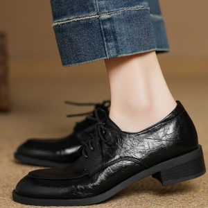 Retro Chunky-Heeled Round-Toe Lace-Up Loafers for Women, Large Sizes 41-43, Spring British Style Deep Mouth Flats