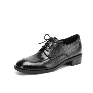 Retro Chunky-Heeled Round-Toe Lace-Up Loafers for Women, Large Sizes 41-43, Spring British Style Deep Mouth Flats
