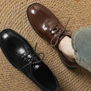 Retro Chunky-Heeled Round-Toe Lace-Up Loafers for Women, Large Sizes 41-43, Spring British Style Deep Mouth Flats