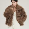 Retro Coffee Color Short Curly Thick Coat for Women - Loose Warm Slimming Jacket, Y2K Style Outerwear