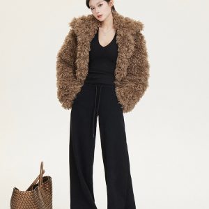 Retro Coffee Color Short Curly Thick Coat for Women - Loose Warm Slimming Jacket, Y2K Style Outerwear