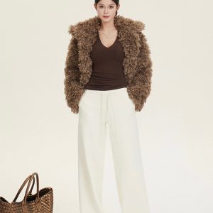 Retro Coffee Color Short Curly Thick Coat for Women - Loose Warm Slimming Jacket, Y2K Style Outerwear