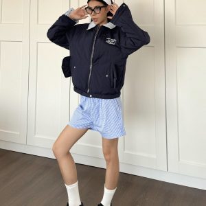 Retro College Striped Reversible Cotton Jacket - Loose Warm Short Coat in American Style for 90s Vintage Fashion