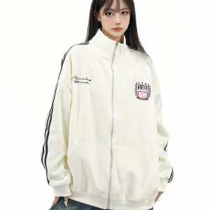Retro College Style Stand Collar Zip-Up Jacket with Contrasting Stripes - Casual Versatile Sports Cardigan for Autumn