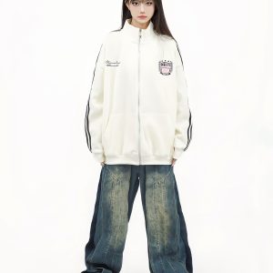 Retro College Style Stand Collar Zip-Up Jacket with Contrasting Stripes - Casual Versatile Sports Cardigan for Autumn