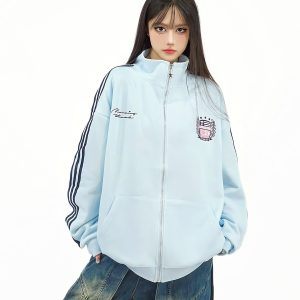Retro College Style Stand Collar Zip-Up Jacket with Contrasting Stripes - Casual Versatile Sports Cardigan for Autumn