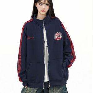 Retro College Style Stand Collar Zip-Up Jacket with Contrasting Stripes - Casual Versatile Sports Cardigan for Autumn