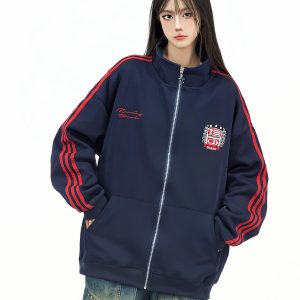 Retro College Style Stand Collar Zip-Up Jacket with Contrasting Stripes - Casual Versatile Sports Cardigan for Autumn