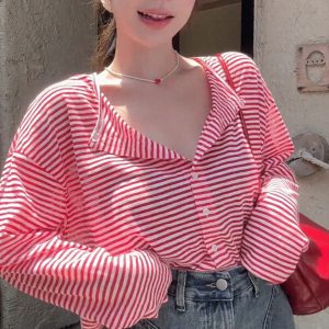 Retro Color-Blocked Striped V-Neck Long Sleeve Sun Protection T-Shirt for Women - Loose Casual Cardigan Top for Spring/Summer