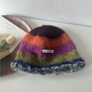 Retro Color-Blocking Fuzzy Bucket Hat for Women - Thickened Warm Wool Winter Hat for a Stylish Look