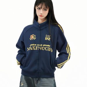 Retro Distressed Stand Collar Zip-Up Cardigan Jacket for Couples - American College Style Casual Versatile Top