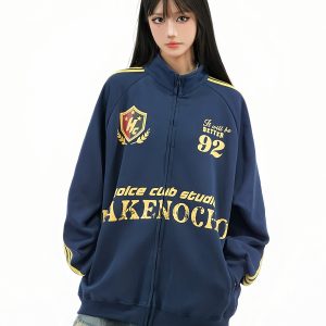 Retro Distressed Stand Collar Zip-Up Cardigan Jacket for Couples - American College Style Casual Versatile Top