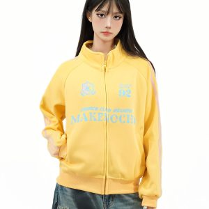 Retro Distressed Stand Collar Zip-Up Cardigan Jacket for Couples - American College Style Casual Versatile Top