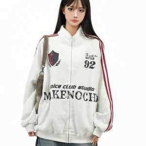 Retro Distressed Stand Collar Zip-Up Cardigan Jacket for Couples - American College Style Casual Versatile Top