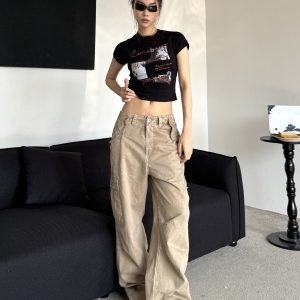 Retro Distressed Wide-Leg Work Pants with Big Pockets - Loose Drape, Slimming Fit, Trendy American Style for a 90s Look