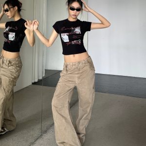 Retro Distressed Wide-Leg Work Pants with Big Pockets - Loose Drape, Slimming Fit, Trendy American Style for a 90s Look