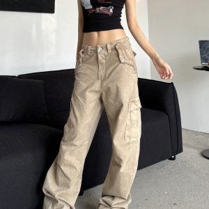 Retro Distressed Wide-Leg Work Pants with Big Pockets - Loose Drape, Slimming Fit, Trendy American Style for a 90s Look