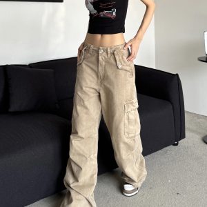 Retro Distressed Wide-Leg Work Pants with Big Pockets - Loose Drape, Slimming Fit, Trendy American Style for a 90s Look