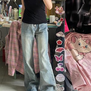Retro Embroidered Flared Denim Pants for Women - Loose Wide-Leg Summer Trousers, Slimming Fit, Y2K Style