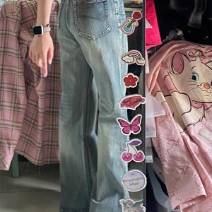 Retro Embroidered Flared Denim Pants for Women - Loose Wide-Leg Summer Trousers, Slimming Fit, Y2K Style