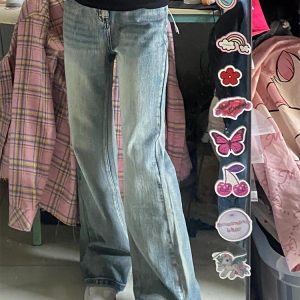 Retro Embroidered Flared Denim Pants for Women - Loose Wide-Leg Summer Trousers, Slimming Fit, Y2K Style