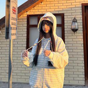 Retro Ethnic Style Hooded Sweatshirt with Drawstring, Striped Zip-Up Cardigan, Casual Spring Jacket for Women