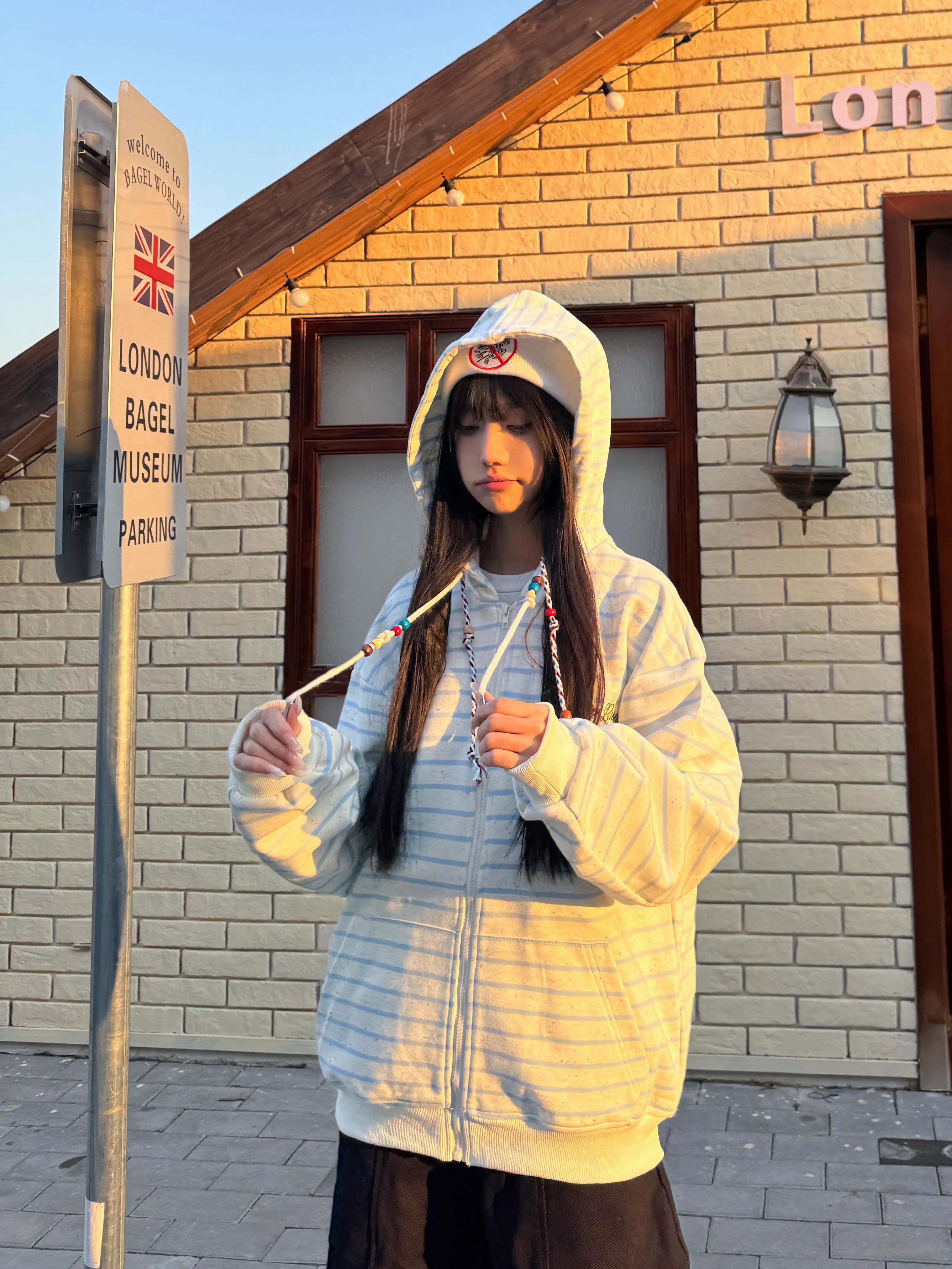 Retro Ethnic Style Hooded Sweatshirt with Drawstring, Striped Zip-Up Cardigan, Casual Spring Jacket for Women