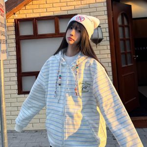 Retro Ethnic Style Hooded Sweatshirt with Drawstring, Striped Zip-Up Cardigan, Casual Spring Jacket for Women