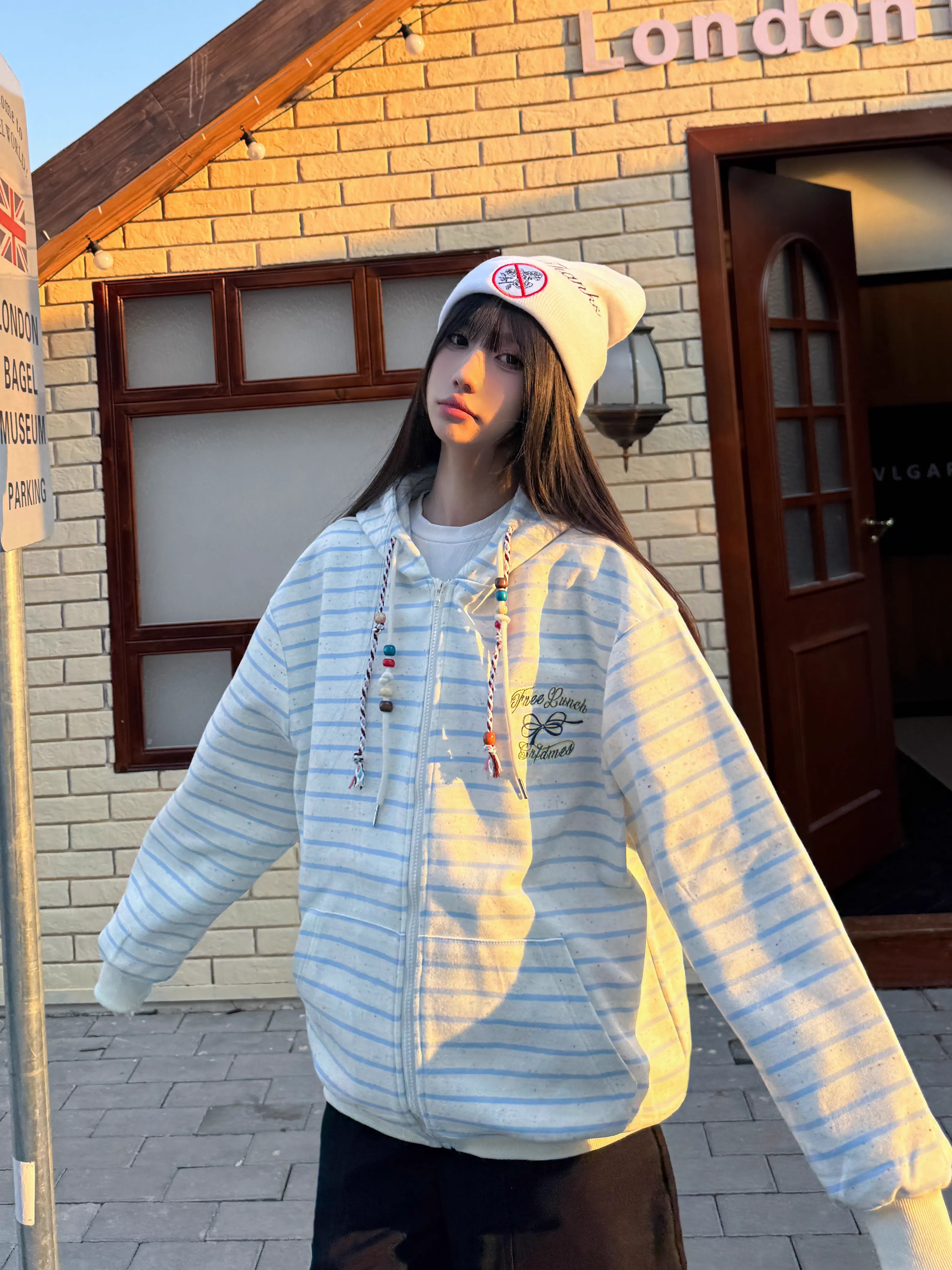 Retro Ethnic Style Hooded Sweatshirt with Drawstring, Striped Zip-Up Cardigan, Casual Spring Jacket for Women