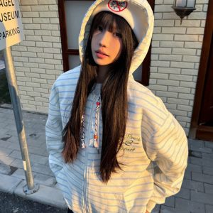 Retro Ethnic Style Hooded Sweatshirt with Drawstring, Striped Zip-Up Cardigan, Casual Spring Jacket for Women