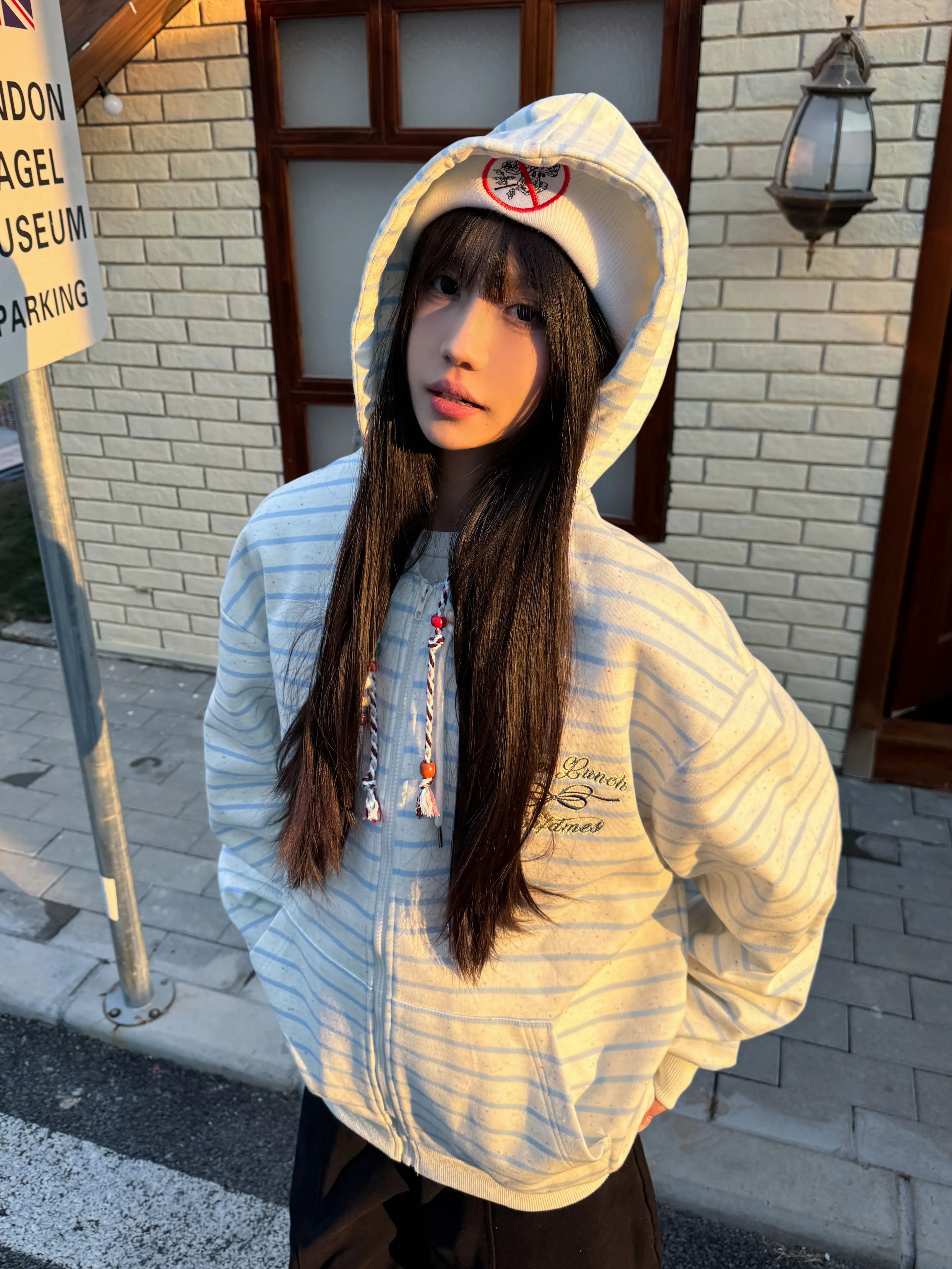 Retro Ethnic Style Hooded Sweatshirt with Drawstring, Striped Zip-Up Cardigan, Casual Spring Jacket for Women