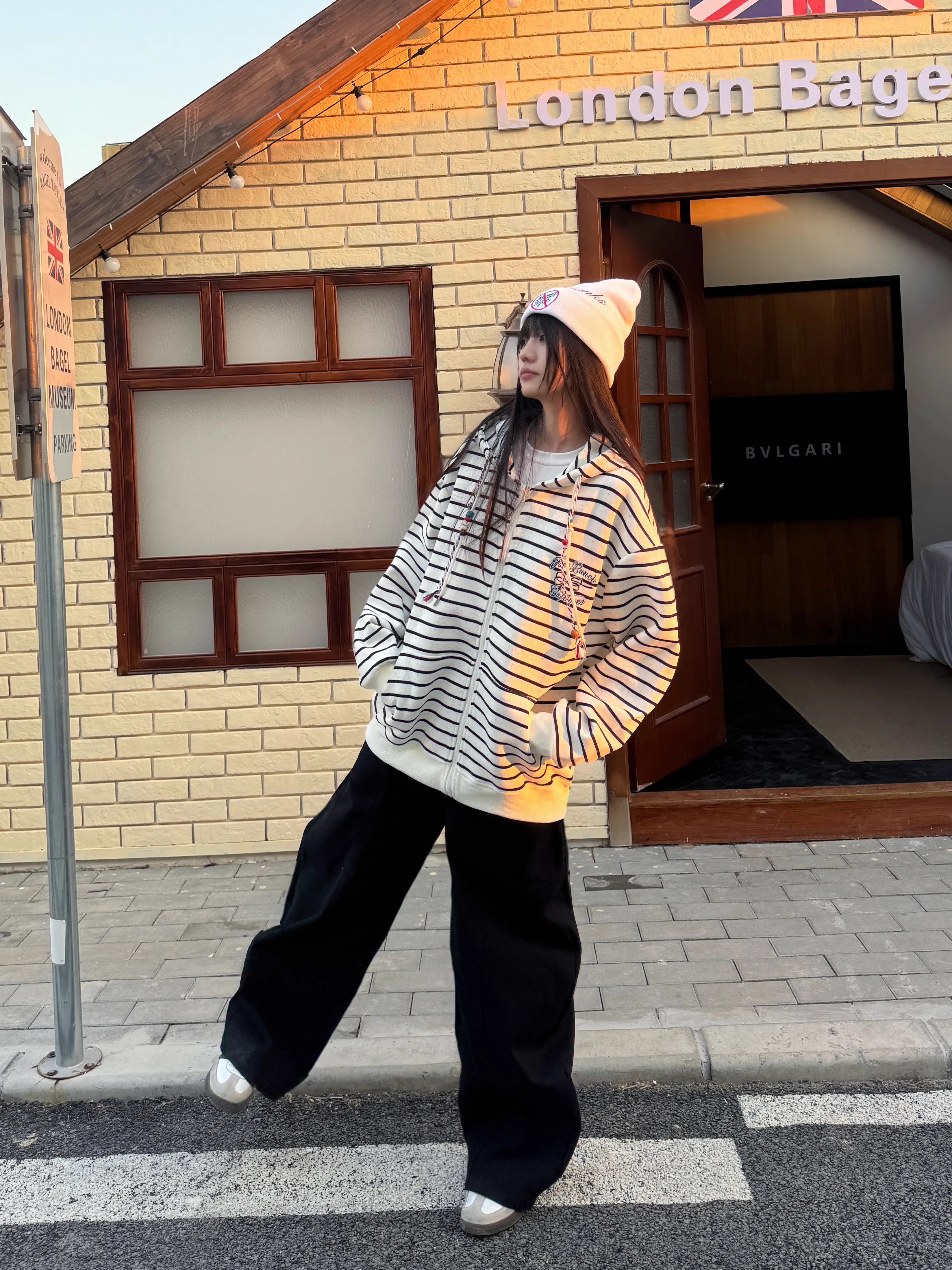 Retro Ethnic Style Hooded Sweatshirt with Drawstring, Striped Zip-Up Cardigan, Casual Spring Jacket for Women