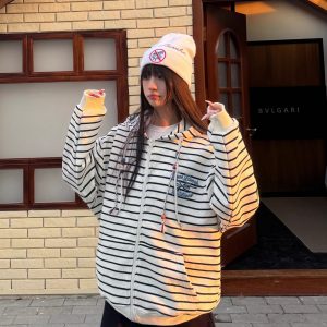 Retro Ethnic Style Hooded Sweatshirt with Drawstring, Striped Zip-Up Cardigan, Casual Spring Jacket for Women