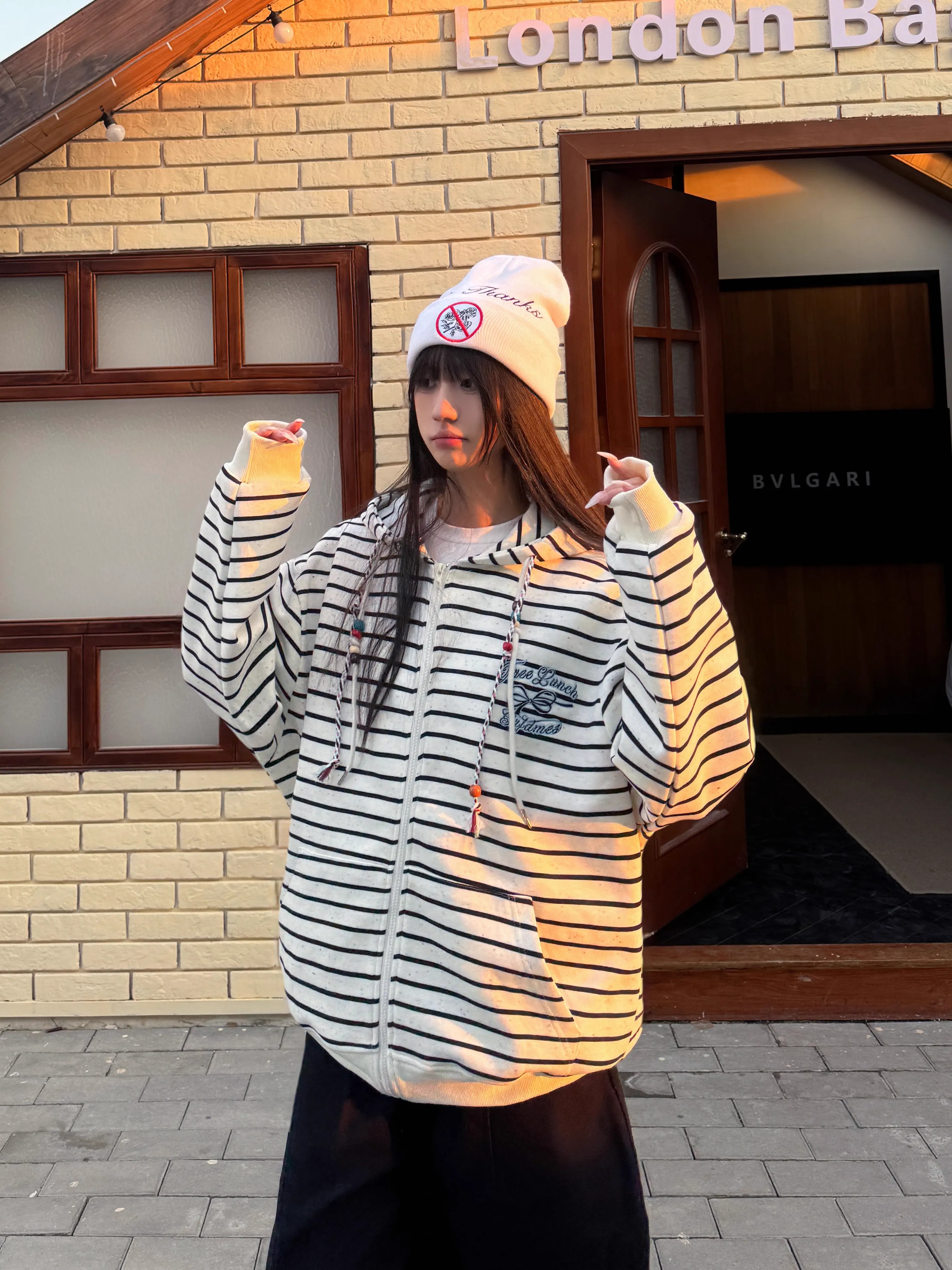 Retro Ethnic Style Hooded Sweatshirt with Drawstring, Striped Zip-Up Cardigan, Casual Spring Jacket for Women