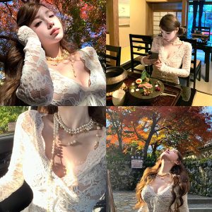 Retro Fishing Series Women's V-Neck Lace Base Shirt - Waist-Cinching Slim Fit Top, Perfect for Y2K and 90s Style Fashion